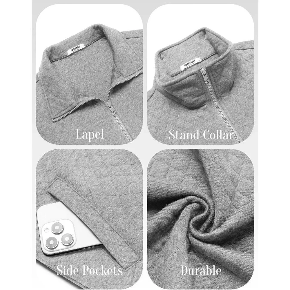 COOFANDY Men  Light Grey Zip Up Mock Neck Quilted Lightweight Sweater Jacket